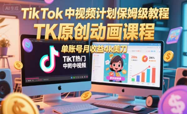 TikTok中视频计划保姆级教程，TK原创动画课程，单账号月收益4k美刀网赚项目-副业赚钱-互联网创业-资源整合-影视资源无忧云创