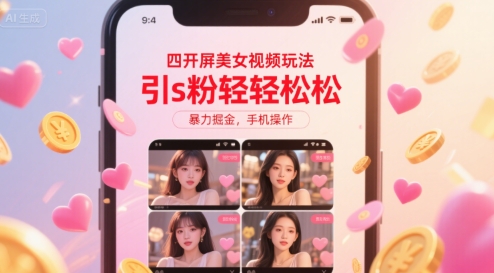 四开屏美女视频玩法，引s粉轻轻松松，暴力掘金，手机操作【揭秘】网赚项目-副业赚钱-互联网创业-资源整合-影视资源无忧云创