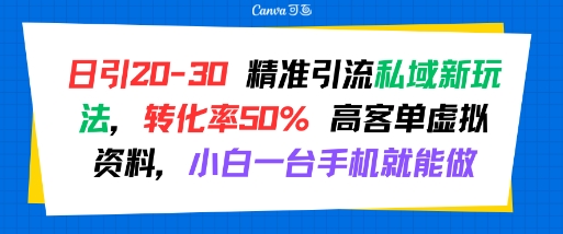 日引 20-30 精准引流私域新玩法，转化率50% 高客单虚拟资料，小白一台手机就能做网赚项目-副业赚钱-互联网创业-资源整合-影视资源无忧云创