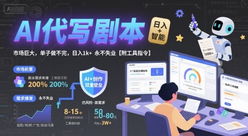 AI代写剧本，市场巨大，单子做不完，日入1k+ 永不失业【附工具指令】网赚项目-副业赚钱-互联网创业-资源整合-影视资源无忧云创