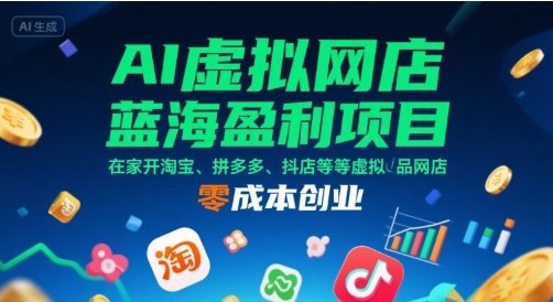 AI虚拟网店蓝海盈利项目，在家开淘宝、拼多多、抖店等虚拟品网店，零成本创业网赚项目-副业赚钱-互联网创业-资源整合-影视资源无忧云创