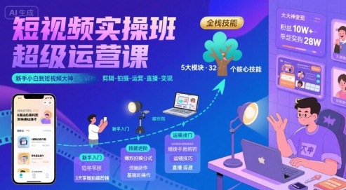 短视频实操班超级运营课，新手小白到短视频大神必修课程，剪辑-拍摄-运营-直播-变现网赚项目-副业赚钱-互联网创业-资源整合-影视资源无忧云创