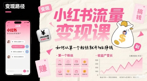 小红书流量变现课，如何从第一个粉丝就开始挣钱网赚项目-副业赚钱-互联网创业-资源整合-影视资源无忧云创