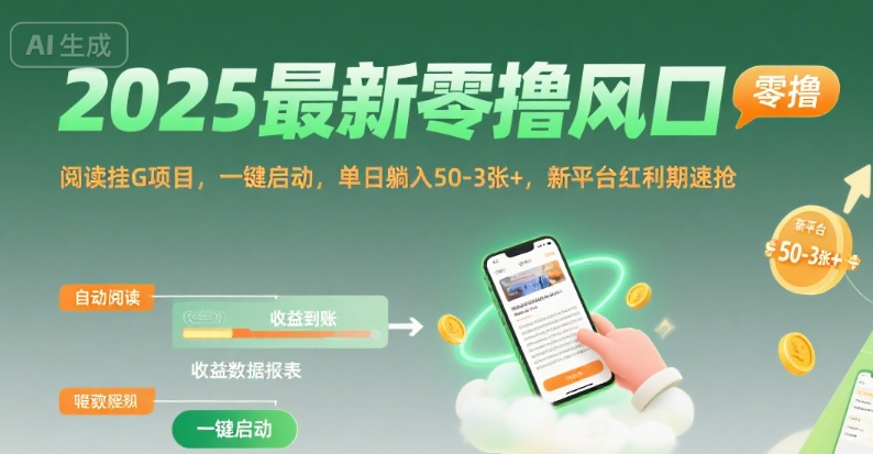 2025最新零撸风口，阅读挂G项目，一键启动，单日躺入 50-3张+，新平台红利期速抢【揭秘】网赚项目-副业赚钱-互联网创业-资源整合-影视资源无忧云创