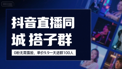 抖音直播同城搭子群，0粉无需露脸，单价19.9，一天进群100人网赚项目-副业赚钱-互联网创业-资源整合-影视资源无忧云创