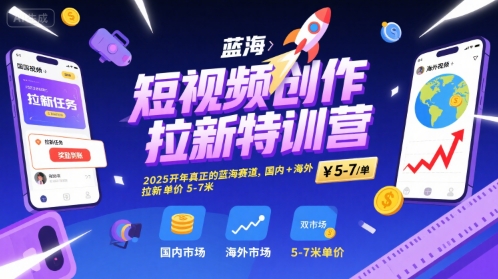 短视频创作拉新特训营，2025开年真正的蓝海赛道，国内+海外，拉新单价5-7米网赚项目-副业赚钱-互联网创业-资源整合-影视资源无忧云创