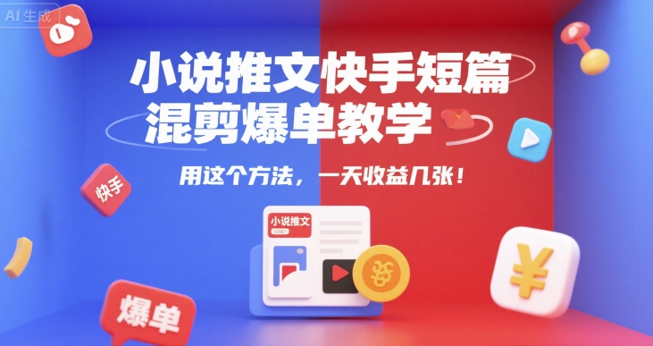 小说推文快手短篇混剪爆单教学，用这个方法，一天收益几张网赚项目-副业赚钱-互联网创业-资源整合-影视资源无忧云创