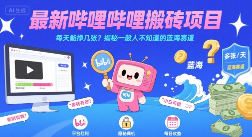 最新哔哩哔哩上B站搬砖项目，每天能挣几张？揭秘一般人不知道的蓝海赛道网赚项目-副业赚钱-互联网创业-资源整合-影视资源无忧云创