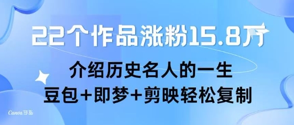 22个作品涨粉15.8W ，介绍历史名人的一生 ， 豆包+即梦+剪映轻松复制网赚项目-副业赚钱-互联网创业-资源整合-影视资源无忧云创